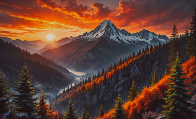 Poster - A mountain range with a sunset in the background. The sun is setting behind the mountains, casting a warm glow over the landscape. The trees are green and brown, and the sky is orange and pink. The