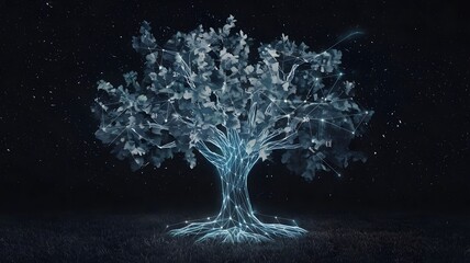 a tree with leaves that display live digital data about the environment around it, constantly shifti