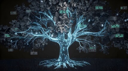 a tree with leaves that display live digital data about the environment around it, constantly shifti