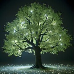 a tree with leaves that display live digital data about the environment around it, constantly shifti