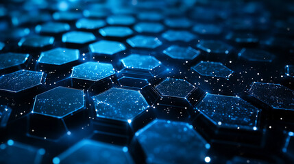 Fototapete - Abstract Blue Hexagon Network Digital Technology Background Glow Dark Data Grid Cyber Space Light   