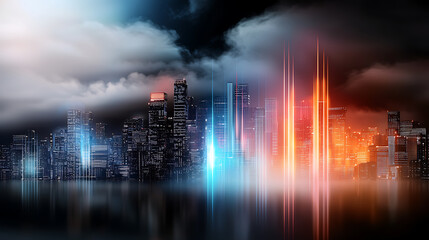 Poster - Urban skyline transformation futuristic cityscape nighttime digital art vibrant colors aerial view technology concept