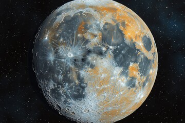 Wall Mural - detailed moon surface with craters and orange hues in a dark star filled cosmic background