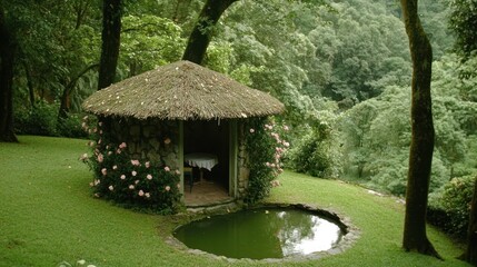 Sticker - Rustic stone hut with thatched roof nestled in a lush garden with a pond.