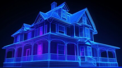 Poster - 3D wireframe rendering of a two-story house with a porch on a dark blue background