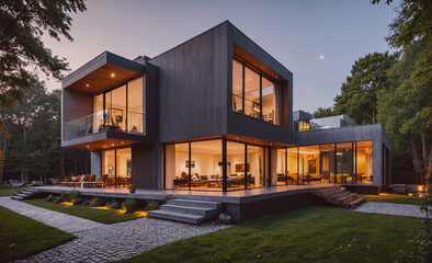 Poster - A large house with a lot of windows and a balcony. The house is surrounded by a lush green lawn