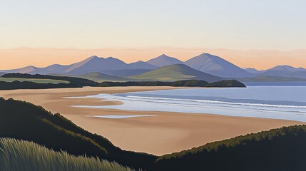 Sticker - Serene coastal landscape at dawn, featuring a sandy beach, rolling hills, and distant mountains.