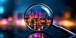 © Yan - A city skyline at night reflected in a magnifying glass, showcasing colorful lights and buildings along a waterway. Concept City Skyline Reflection, Night Photography, Colorful Urban Lights