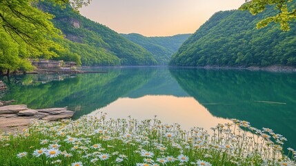 Canvas Print - Serene lake surrounded by lush greenery and wildflowers at dawn. Calm water reflects the surrounding mountains and trees.