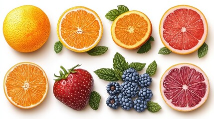 Wall Mural - A vibrant arrangement of citrus fruits and berries with fresh mint leaves on a white background