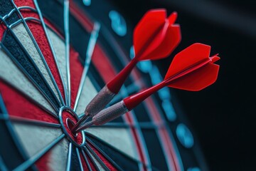 Darts embedded deeply into the bullseye of a dartboard showcasing precision and competitive spirit in a thrilling game