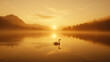 © TimosBlickfang - Serene swan gliding across a misty lake at sunrise with golden reflections