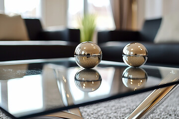 Wall Mural - Two reflective decorative spheres on a glass table in a modern living room with soft furnishings