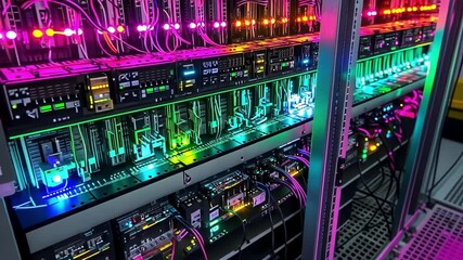 Poster - colorful led lights blinking on a server rack in a data center, highlighting the complex infrastruct
