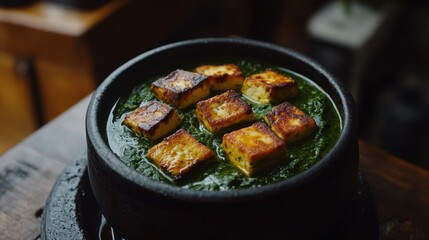 Poster - Delicious palak paneer curry with golden paneer cubes in black bowl