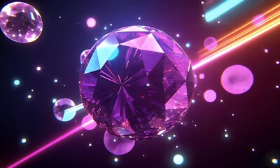 Aufkleber - Purple Gem Rotating, Neon Lights, Abstract Background, 3D Render, Intro Video