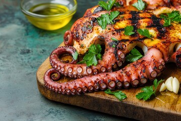 Wall Mural - Grilled octopus and hearty seafood stew with tender octopus pieces. Grilled octopus served with herbs and olive oil on a wooden board.