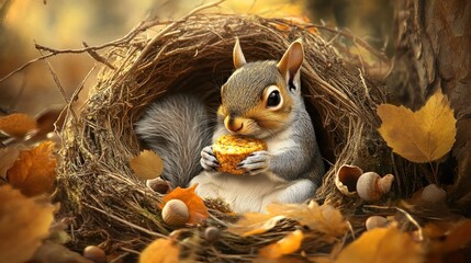 Poster - Squirrel eating corn in a nest surrounded by autumn leaves.