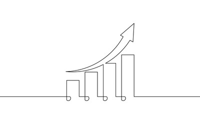 Wall Mural - Continuous line drawing of increasing arrow up sign symbol. Single line art of bar chart. Illustration vector of graph. Flat icon of business growth. Object one line 