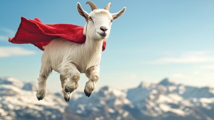 Wall Mural - Super goat flying over majestic mountains.