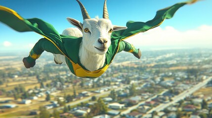 Wall Mural - Super goat flying over cityscape.