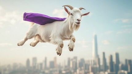 Wall Mural - Super goat in flight over a city.