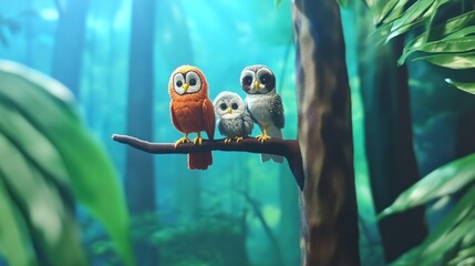 Wall Mural - Three small owls perched on a branch in a lush forest.