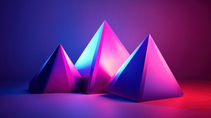 Poster - Three vibrant, geometric pyramids illuminated by contrasting neon light, creating a striking, modern, and abstract design.