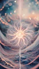 Wall Mural - An ethereal light emanates from a central flower-like shape, with swirling tendrils extending outward. Soft hues of pink and blue create a dreamy, otherworldly atmosphere.