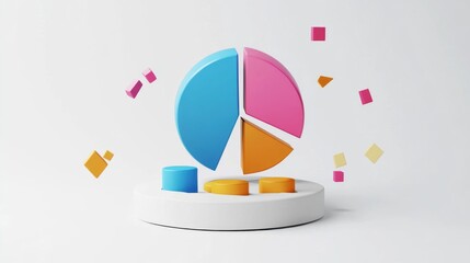 Poster - D pie chart with vibrant segments floating in mid-air, set against a white minimalist background