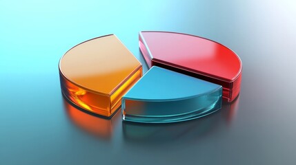 Poster - D pie chart with translucent glass segments, glowing edges, and soft shadows on a reflective surface