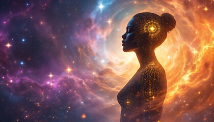a serene woman, bathed in cosmic light, embodies inner peace and spiritual connection.