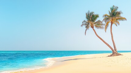 Poster - Tropical beach scene with two palm trees.  Tranquil, idyllic beach, clear turquoise water, soft sand, bright sunny day, perfect vacation getaway.