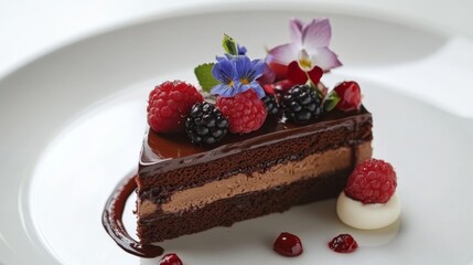 Poster - A beautifully decorated chocolate cake with rich ganache, fresh berries, and edible flowers, set on a white plate.