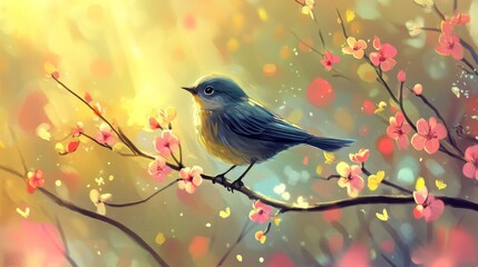 Poster - A bird perched on the branch of a young tree, surrounded by colorful spring blossoms.