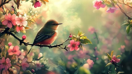 Poster - A bird perched on the branch of a young tree, surrounded by colorful spring blossoms.