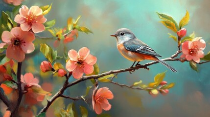 Poster - A bird perched on the branch of a young tree, surrounded by colorful spring blossoms.