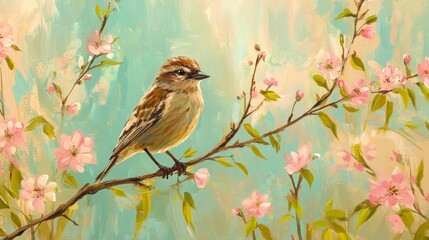 Poster - A bird perched on the branch of a young tree, surrounded by colorful spring blossoms.