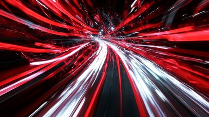 Fototapete - A busy motorway at night, with long-exposure light trails from cars creating dynamic lines of red and white.