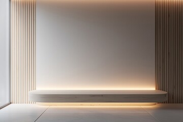 Wall Mural - Modern minimalist interior featuring a wooden shelf illuminated by soft lighting against a plain wall