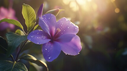 Poster - A close-up of a purple flower with water droplets on its petals, illuminated by soft sunlight breaking through the leaves.