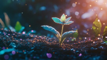 Aufkleber - A close-up of a tiny green seedling sprouting from rich, dark soil, illuminated by soft sunlight in a garden.