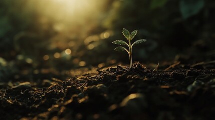 Aufkleber - A close-up of a tiny green seedling sprouting from rich, dark soil, illuminated by soft sunlight in a garden.