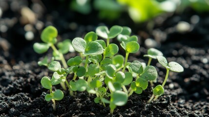 Aufkleber - A close-up of a tiny green seedling sprouting from rich, dark soil, illuminated by soft sunlight in a garden.