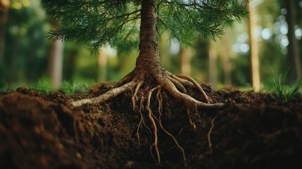 Poster - A close-up of a young tree's roots taking hold in the earth, highlighting its stability and connection to the soil.