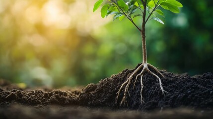 Poster - A close-up of a young tree's roots taking hold in the earth, highlighting its stability and connection to the soil.
