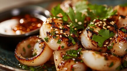 Poster - A close-up shot of perfectly grilled squid, garnished with sesame seeds and fresh cilantro, served with spicy dipping sauce.