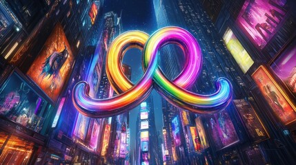 Wall Mural - Vibrant, abstract, colorful logo, swirling design, in a bustling city street scene, illuminated billboards, modern, bright, futuristic, dynamic, urban, metropolis, cityscape, illuminated, neon, lights