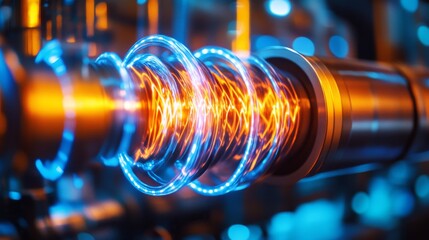 Poster - A close-up view of vibrant electric waves pulsing through cables in a high-tech industrial setting, symbolizing the flow of energy and innovation.