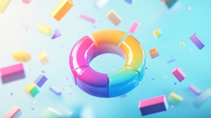 Leinwandbilder - A colorful D donut chart floating on a clean background, with different data segments separated and highlighted in various hues.